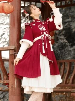 Winter Strawberry Rabbit Series Chinese Style Improved Embroidery Tassel Autumn Winter White Skirt Classic Lolita Long-Sleeved Dress Set -NAUS Lolita Shop 4 500x672 422