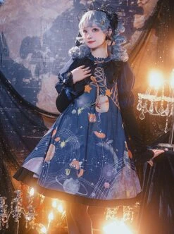 Interstellar Little Bear Series Red Panda Print Stripe Lace-Up Little Star Bowknot Decoration Classic Lolita Long-Sleeved Dress -NAUS Lolita Shop 4 500x672 425