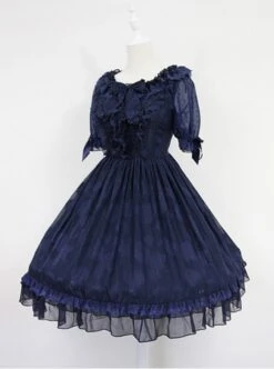 Dark Blue Short Sleeves With Flounce Hemline Lace Dress -NAUS Lolita Shop 4 500x672 432