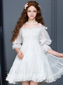 Palace Style Retro White Chiffon Puff Sleeve Classic Lolita Dress -NAUS Lolita Shop 4 500x672 448