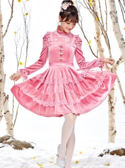 Pink Thickened Flounce Classic Lolita Long Sleeve Dress -NAUS Lolita Shop 4 500x672 461
