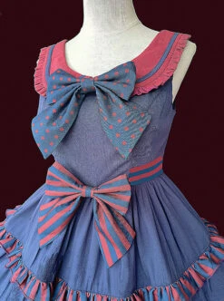 Britney Series Red And Blue Striped Pleated Lace Trim Square Neckline Design Polka Dot Bow Knots Classic Lolita Sleeveless Dress -NAUS Lolita Shop 4 500x672 473