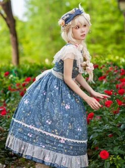 Flower And Grass Collection Series JSK Blue Floral Print Elegant Classic Lolita Sleeveless Dress Suit -NAUS Lolita Shop 4 500x672 475