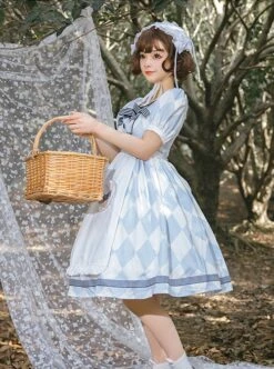 Square Neck Striped Bow Puff Sleeves Check Print Heart Embellished Bib Classic Lolita Short Sleeve Dress -NAUS Lolita Shop 4 500x672 482