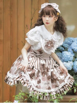 Chocolate Wreath Series Brown Bow Knots Print Pattern Decoration Pleated Lace Doll Neckline Classic Lolita Strap Dress -NAUS Lolita Shop 4 500x672 486