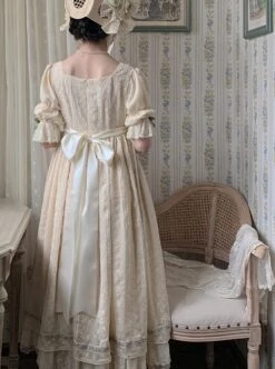 Sally Garden Series Daily Imperial Style Square Neckline High Waist Lotus Short Sleeves Small Floral Embroidery Long Dress OP -NAUS Lolita Shop 4 500x672 488