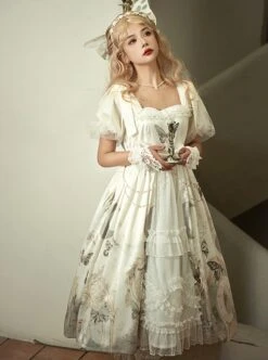 Butterfly Mankong Series Elegant Generous Collar The Clock Butterfly Print Polka Dot Mesh Open Placket Classic Lolita Short-Sleeved Dress -NAUS Lolita Shop 4 500x672 501