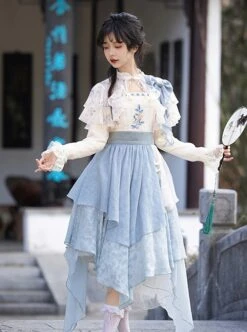 Sea Flowers Series Blue New Chinese Style Wesh Yarn Lace Fake Two Piece Irregular Embroidered Classic Long Sleeves Lolita Dress -NAUS Lolita Shop 4 500x672 502