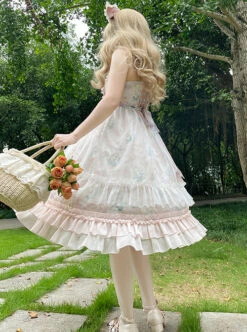 Classic Lolita Lily Of The Valley Flower Print Decoration Ruched Ruffled Hem Lace Bow Knot Slip Dress -NAUS Lolita Shop 4 500x672 508