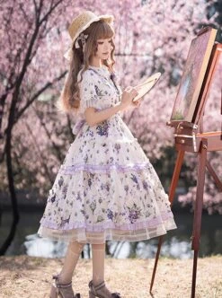 Elegant Idyllic Light Purple Eustoma Plant Print Corsage Classic Lolita Lace Ruffle Doll Collar Daily Dress -NAUS Lolita Shop 4 500x672 512