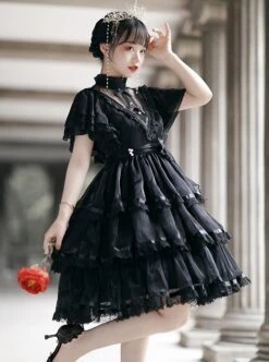 Dawn Banquet Series Elegant Temperament Fairy Three Stages Big Ruffle V Collar Hollow Out Lace Bowknots Classic Lolita Short Sleeves Dress -NAUS Lolita Shop 4 500x672 514