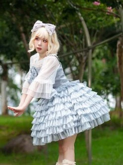 Multi-Layer Cake Skirt Series Gray Blue Simple Bowknot Decoration Daily Classic Lolita Sleeveless Dress -NAUS Lolita Shop 4 500x672 520