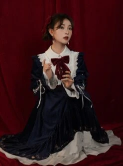 Blue Velvet Stand Collar Lace Red Bow-Knot Decorative Irregular Print Hem Frenulum Long Sleeves Classic Lolita Dress -NAUS Lolita Shop 4 500x672 521