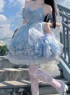 Blue Elegance Open Back Swan Castle Print Bow Lace Bead Chain Necklace Puff Hand Sleeve Classic Lolita Sleeveless Dress -NAUS Lolita Shop 4 500x672 550