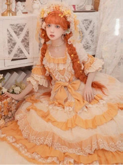 Flower Garden Series OP Apricot Yellow Pastoral Retro Girl Style Delicate Lace Jacquard Trim Classic Lolita Short Sleeve Dress -NAUS Lolita Shop 4 500x672 554
