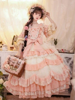 Flower Garden Series OP Pink Pastoral Retro Girl Style Delicate Lace Jacquard Trim Bow Knot Classic Lolita Short Sleeve Dress -NAUS Lolita Shop 4 500x672 555