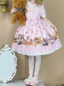 Forest Of Spring Series Cute Animal Pattern Folds Bow Knots Puffed Hem Classic Lolita Sling Dress Set -NAUS Lolita Shop 4 500x672 587
