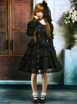 Black Lapel Ruffle Gothic Lolita Long Sleeve Dress -NAUS Lolita Shop 4 500x672 59