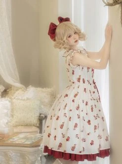 Rose Garden Series Small Flying Sleeves Ruffled Round Neck Red Tea Party Plate Print Berry Sweet Classic Lolita Dress -NAUS Lolita Shop 4 500x672 596