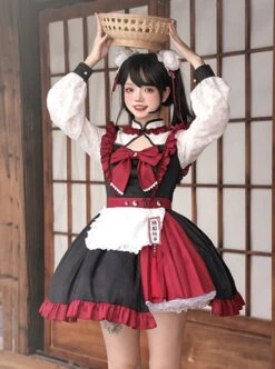 Chinese Style Stand Collar Hollow Black Red Asymmetric Hem Design Lace Puff Sleeves Bowknot Decoration Classic Lolita Long Sleeve Dress -NAUS Lolita Shop 4 500x672 597