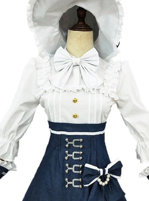 Alice Style White And Navy Blue Classic Lolita Dress And Hat Set 4 Alice Style White And Navy Blue Classic Lolita Dress And Hat Set - Image 4