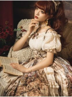 Classic Lolita JSK Jacquard White Lace Pleated Court Vintage Oil Painting Drawstring Metal Buttons Sling Dress -NAUS Lolita Shop 4 500x672 604