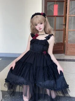 Moon God Dawn Series Irregular Mesh Hem Dark Jacquard Ruffle Slim Fit Rose Classic Lolita Sleeveless Dress -NAUS Lolita Shop 4 500x672 614