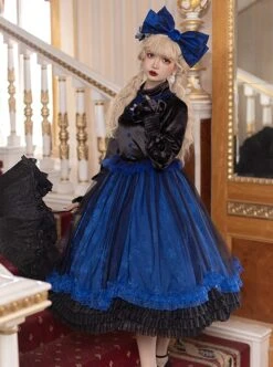 Lonely Laura Series Elegant Mysterious Jacquard Detachable Blue Rose Bowknot Lace Petal Hem Design Gothic Lolita Long Sleeve Dress -NAUS Lolita Shop 4 500x672 622