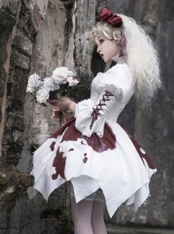 Romeo Series Lacing Stand Collar Chest Hollow Irregular Hem Bloody Gothic Lolita Mid-Sleeved Dress -NAUS Lolita Shop 4 500x672 648