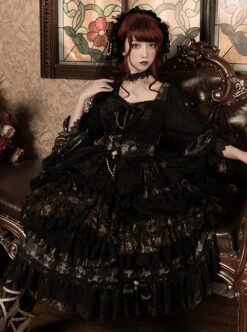 Day Night Light Series Gorgeous Noble Elegant Palace Style Dark Black Gothic Lolita Black Wedding Dress Veil Full Set -NAUS Lolita Shop 4 500x672 649