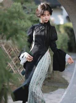 Orchid Pavilion Frosty Moonlit Night Chinese Style Retro Dark Black Witch Sexy Slim Puff Ruffled Sleeves Splice Lace Gothic Lolita Dress Cheongsam -NAUS Lolita Shop 4 500x672 656