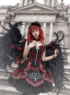 Black-Red Gorgeous Embroidered Jacquard Bat Detachable Tassel Bowknot Lacing Halloween Gothic Lolita Sleeveless Dress -NAUS Lolita Shop 4 500x672 658