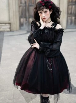 Girl Killer Series Dark Sweet Cool Irregular Halloween Crape Ruffle Bowknots Belt Chain Gothic Lolita Long Sleeves Dress -NAUS Lolita Shop 4 500x672 678
