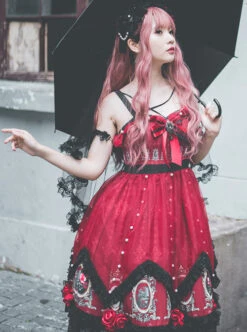 The Split Love Series Rose Gothic Lolita Red Sling Dress -NAUS Lolita Shop 4 500x672 680