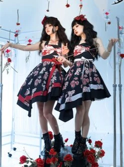 Large Bow High Waist Print Elegant Halter Detachable Belt Irregular Gothic Lolita Sleeveless Dress -NAUS Lolita Shop 4 500x672 682