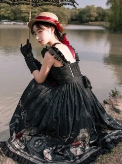 Nightingale And Rose Series Vintage Birdcage Print Bow Knot Ruffle Gothic Lolita Sleeveless Dress -NAUS Lolita Shop 4 500x672 686