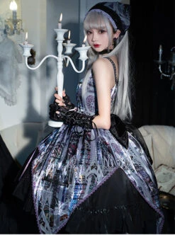 Sweet And Cool Purple Personalized Dark Pattern Print Irregular Hem Design Cross Strap Decoration Gothic Lolita Sleeveless Dress -NAUS Lolita Shop 4 500x672 688