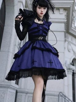 Cycle Series Klein Blue Velvet Halloween Cross Lace Gothic Lolita Short Sleeve Dress -NAUS Lolita Shop 4 500x672 695
