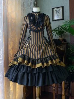 Gothic Style Elegant Retro Stand Collar Stripe Contrasting Color Slim Fit Gothic Lolita Long Sleeve Dress -NAUS Lolita Shop 4 500x672 697