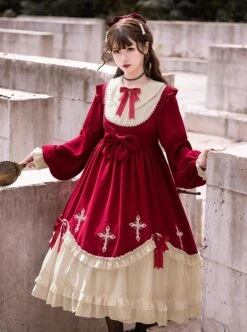Starry Night Series Round Neck Bowknot Cute Girly Cross Embroidery Ruffle Hem Gothic Lolita Long Sleeve Dress -NAUS Lolita Shop 4 500x672 729
