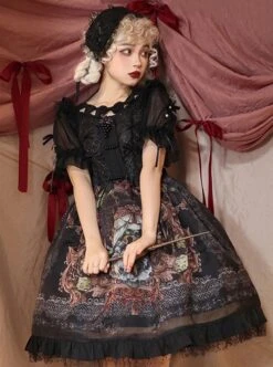 Gothic Vintage Print Grape Bow Decorative Ruffle Hem Gothic Lolita Sleeveless Dress -NAUS Lolita Shop 4 500x672 736