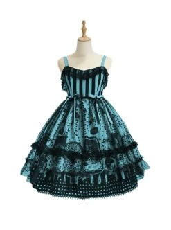 Striped Witch Cat Print Detachable Black Star Lace Net Yarn Halloween Gothic Lolita Sleeveless Dress -NAUS Lolita Shop 4 500x672 741