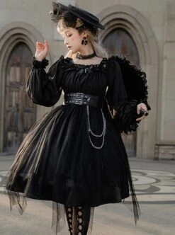Solid Color Two-Wear Off-The-Shoulder Lantern Sleeve Metal Chain Waistband Irregular Hem Gothic Lolita Long-Sleeved Dress -NAUS Lolita Shop 4 500x672 743