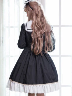 Black And White Bowknot Lace Crucifix Gothic Lolita Lapel Long Sleeve Dress -NAUS Lolita Shop 4 500x672 749