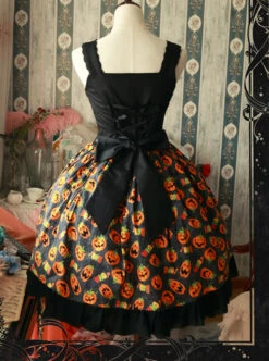 Magic Tea Party Halloween Pumpkin Head Printing Gothic Lolita Sling Dress -NAUS Lolita Shop 4 500x672 752