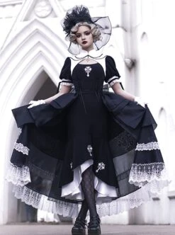 Undead Prayer Series Nun Style Black-White Cross Embroidered Fishtail Skirt Lace Cover Skirt Gothic Lolita Short-Sleeved Dress -NAUS Lolita Shop 4 500x672 753