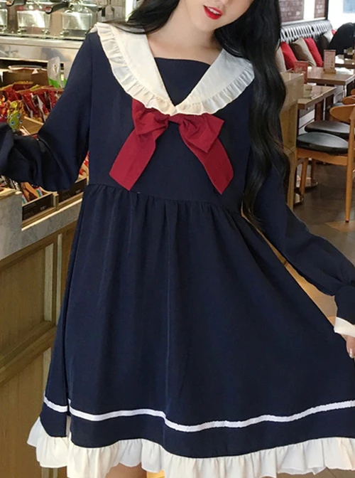 Blue Long Sleeves Bow Chiffon School Lolita Dress 4 Blue Long Sleeves Bow Chiffon School Lolita Dress - Image 4