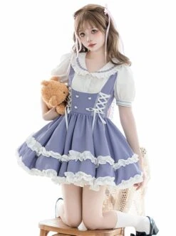 Summer Sea Salt Series College Navy Collar Ruffle Puff Sleeve Blue White Bunny Ears Ribbon Bowknot School Lolita Dress -NAUS Lolita Shop 4 500x672 784