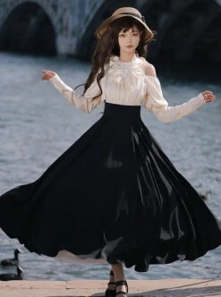 Roman Holiday Series Elegant High Waisted A Line Halter Neck Bare Shoulders Solid Black White Classic Lolita Puff Sleeves Dress -NAUS Lolita Shop 4 500x672 79