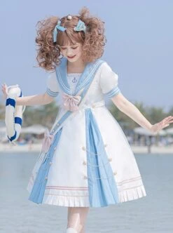 Navy Style Stripe Navy Collar Bow-Knot Detachable School Lolita Short Sleeve Dress -NAUS Lolita Shop 4 500x672 790